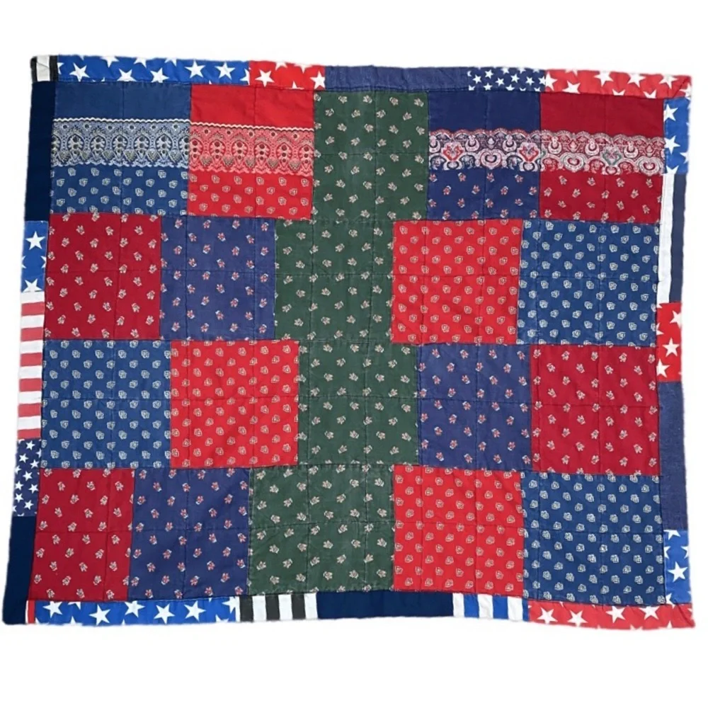 60’s 70’s Patchwork Quilt Vintage Hand Crafted Patriotic Boho Farmhouse Cottage